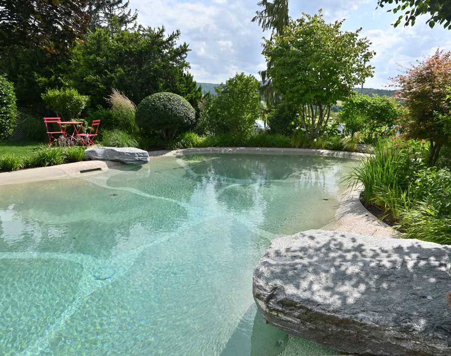 organischer Pool mit Badehäuschen